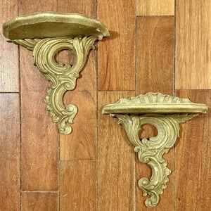 2pc VTG Syroco GOLD Wood Tree Branch Wall Hanging Double Shelf MCM Shelves Pair